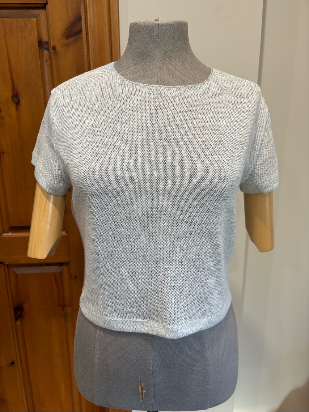 Massimo Dutti, Crop Top, grey & silver, metallic trim, linen blend, medium